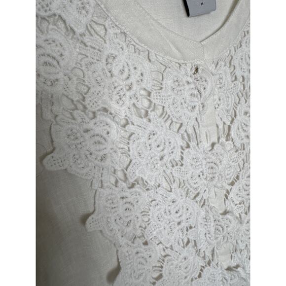 Soft Surroundings White Linen crochet Front Blouse Button Down pleated sleeves M - Picture 11 of 14